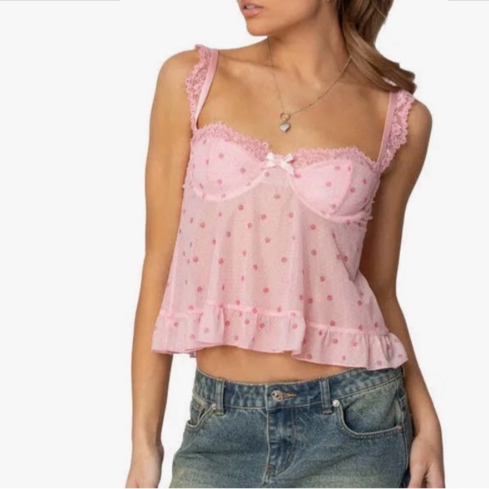 Edikted Pink Lace Trim Tank Top